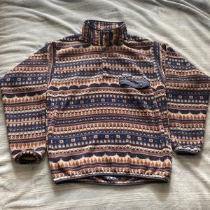 blue and brown patterned patagonia fleece